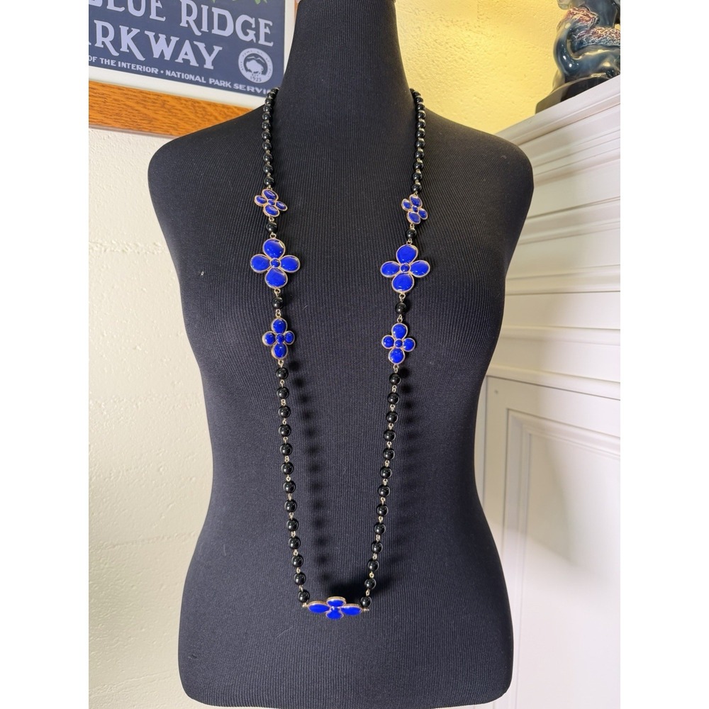 Vtg Françoise Montague Paris 46"‎ Long Sautoir Necklace Blue Clover Poured Glass